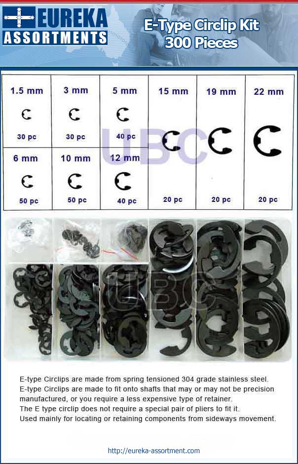E-Type Circlip Kit Carbon Steel 300 Piece Kit Eureka Assortments 