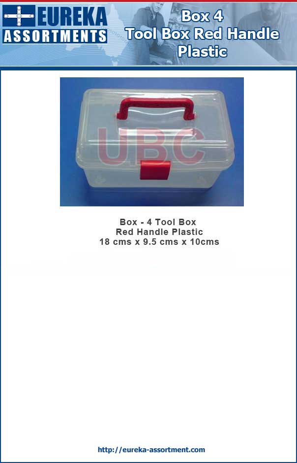 Box - 4 Tool Box Red Handle Plastic 18 cms x 9.5 cms x 10cms
